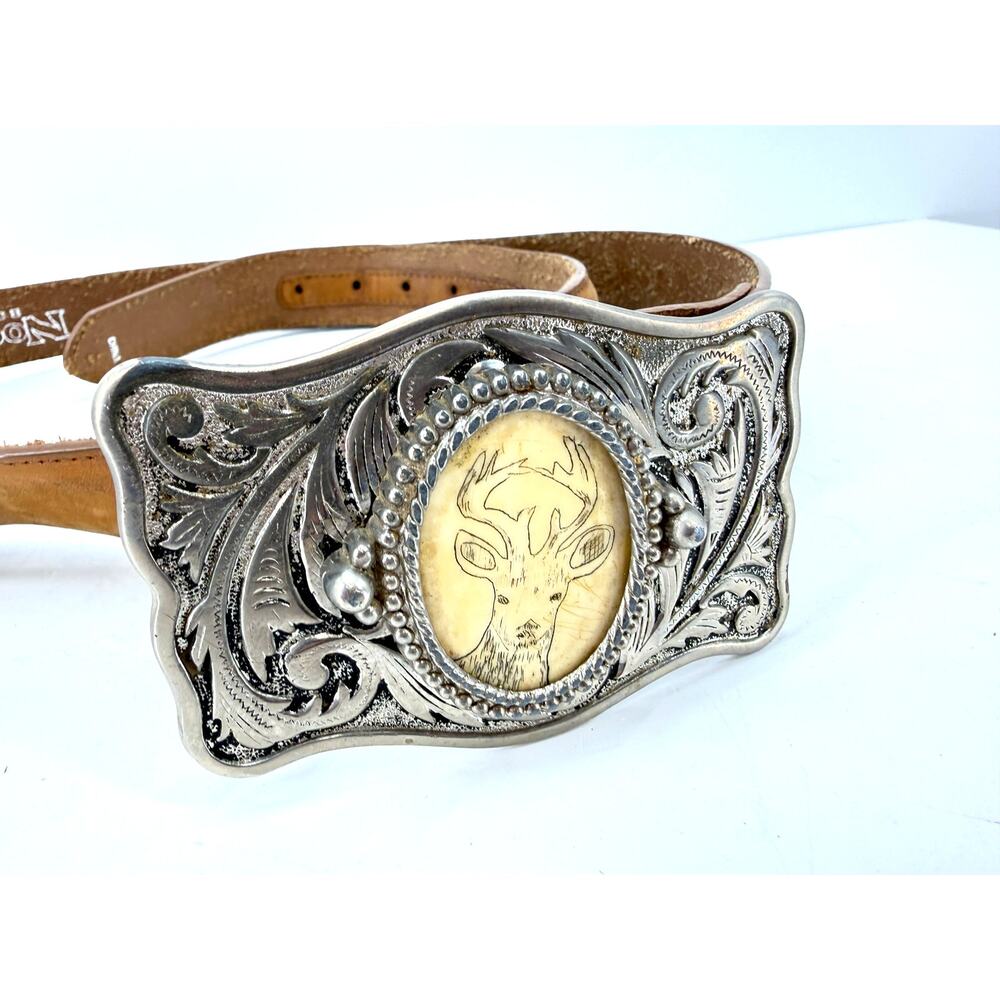 Nocona Genuine Leather Western Belt Deer Buckle Brown Hunting Outdoors Mens 40